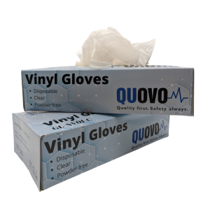 QUOVO vinyl gloves that are transparent and easy to don